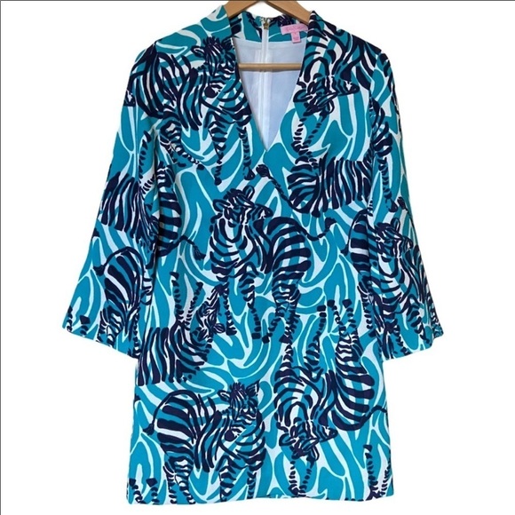 Lilly Pulitzer Devina Dress in Bright Blue I'm Game Small Zebra Print Size 0 - Picture 1 of 2